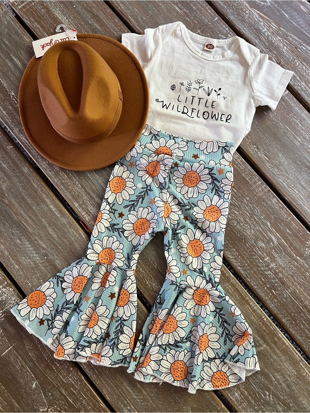 Country Bumpkin Little Wildflower Onesie with Bell-Bottom Pants  and Hat